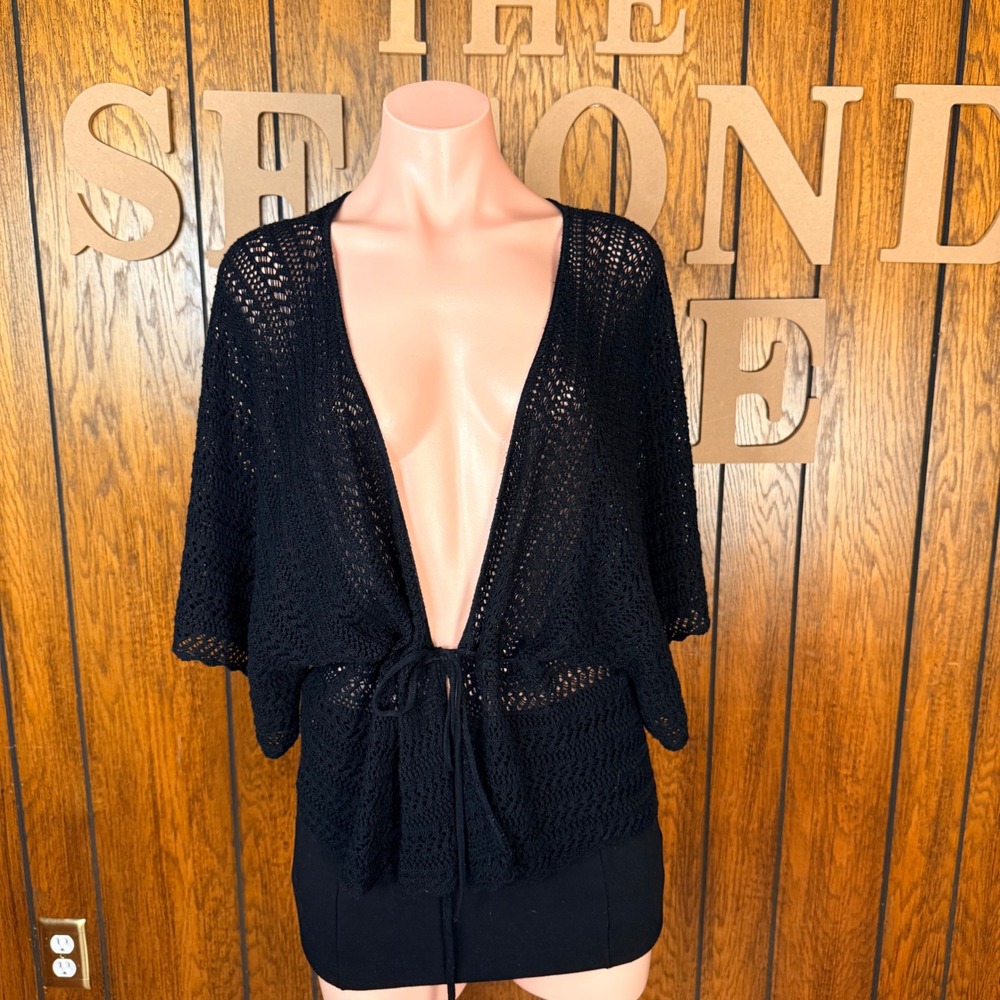 United States Sweaters Crochet Cardigan Women L Black Boho Whimsygoth Tie Front